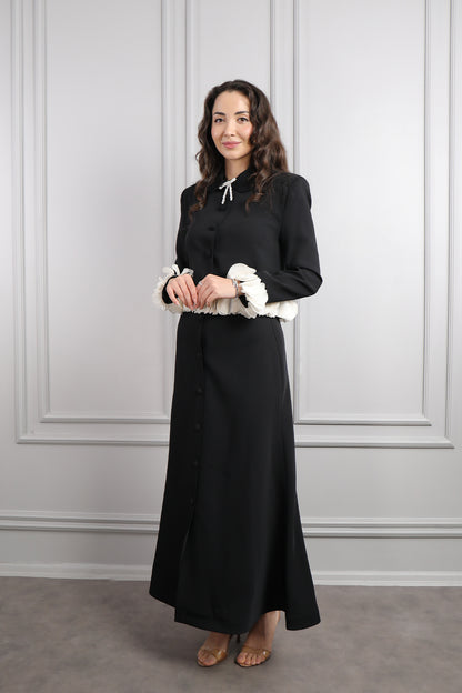 طقم تنورة وجاكيت بتفاصيل كشكشة وزينة فيونكة -اسود