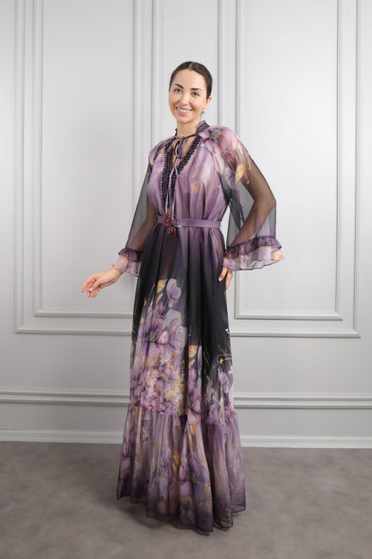 فستان شيفون مزين بنقشات ورود وتطريزات خرزية مقاس كبير -ارجواني