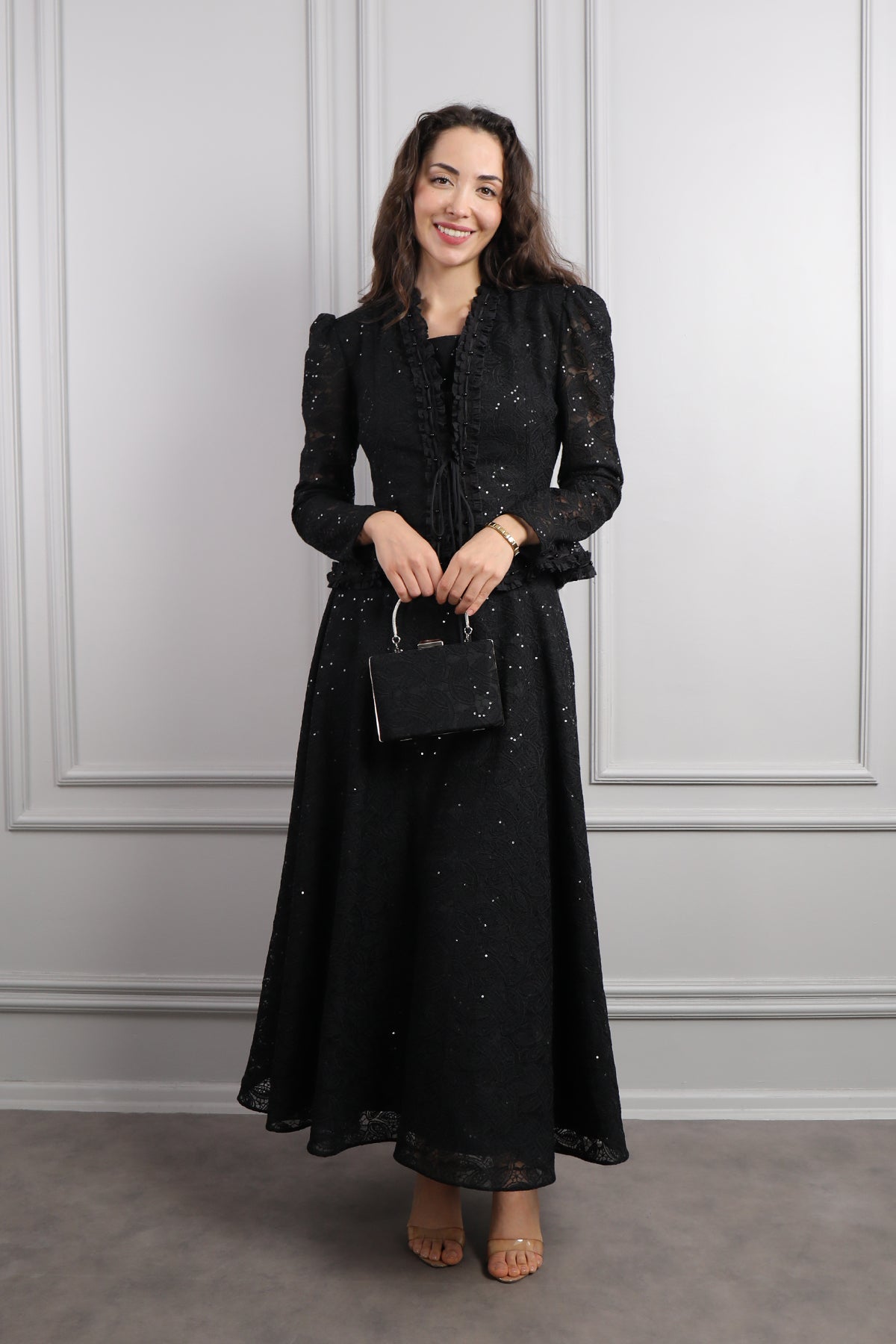 طقم فستان وجاكيت مع اكسسوار شنطة -اسود