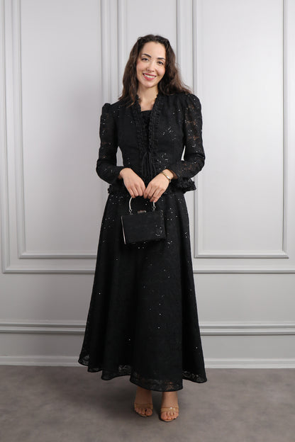 طقم فستان وجاكيت مع اكسسوار شنطة -اسود