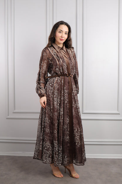 فستان بياقة قميص وحزام بتفاصيل مخمل وزخرفة شفافة -بني