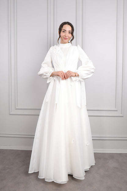 فستان سهرة شيفون للمحجبات باكمام بالون وتطريزات لامعة -ابيض