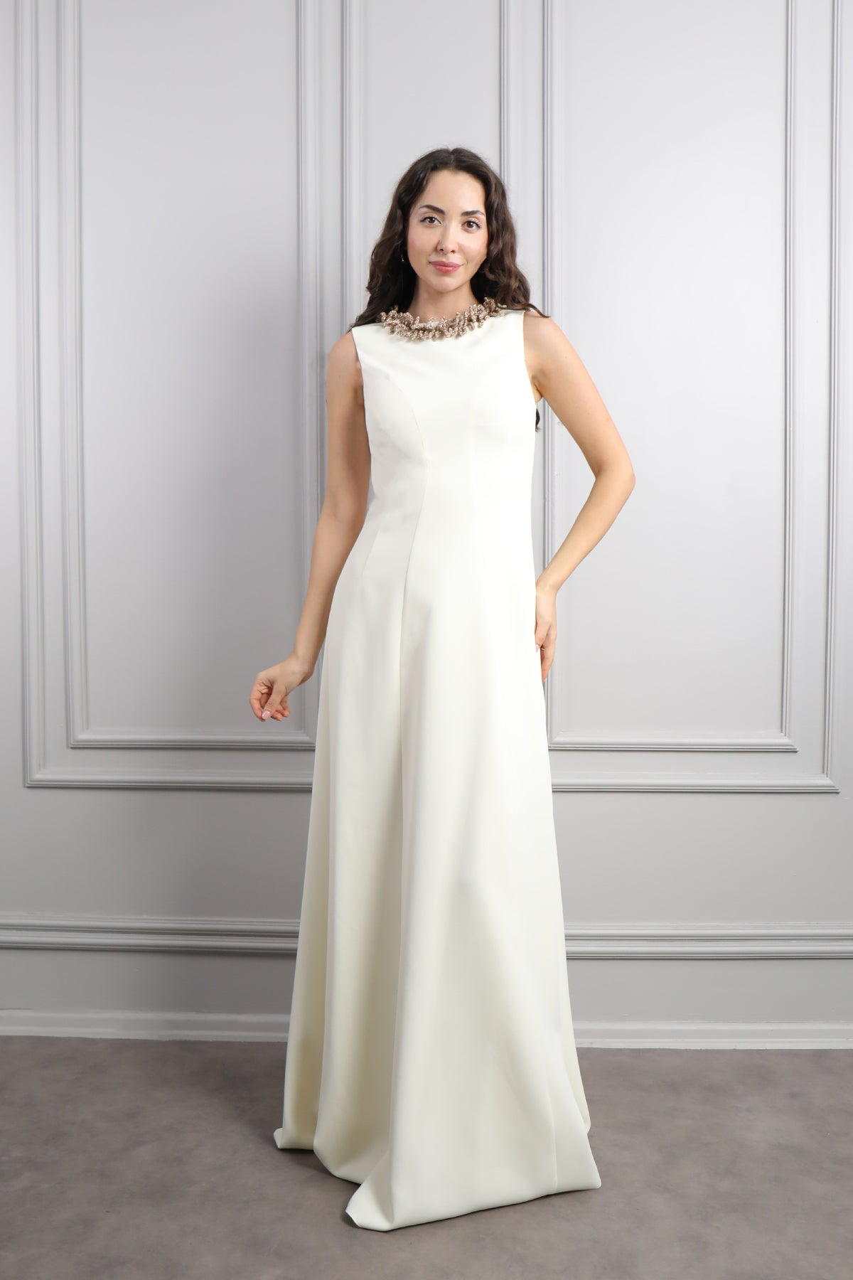 فستان سهرة بدون اكمام بكريستالات عالياقة مقاس كبير -سكري