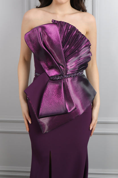 فستان سهرة سترابلس بتصميم فيونكة امامية وحزام لامع مقاس كبير- موفي
