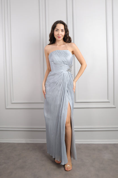 فستان سهرة شيفون سترابلس بتكسيرات وتفاصيل خرزية عالخصر -رمادي