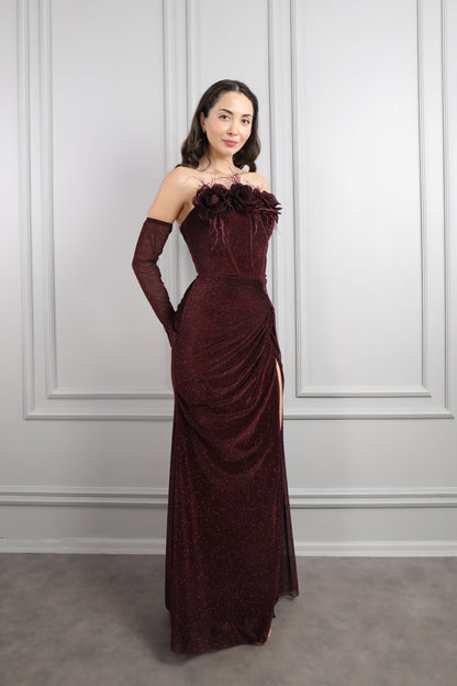 فستان سهرة لامع بتصميم سترابلس مزين بالورود مع اكمام متحركة -عودي