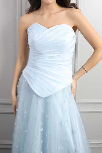 فستان سهرة سترابلس بتنورة تول وشال طويل -سماوي