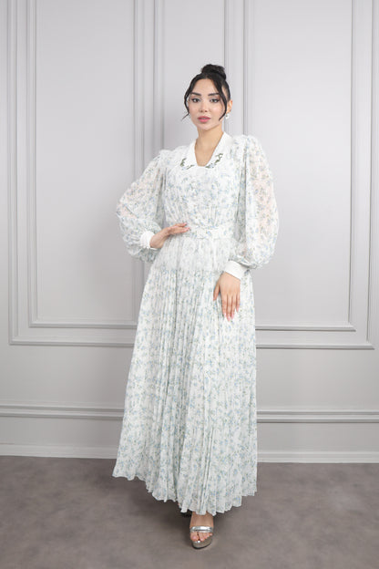 فستان شيفون باكمام شفافة مع حزام بتفاصيل دانتيلية وتصميم تنورة تكسيرات -ازرق