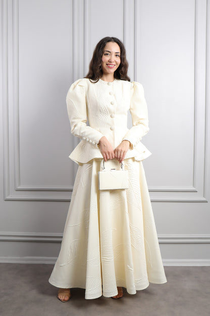 طقم تنورة وسترة باكمام منتفخة مع اكسسوار شنطة -سكري