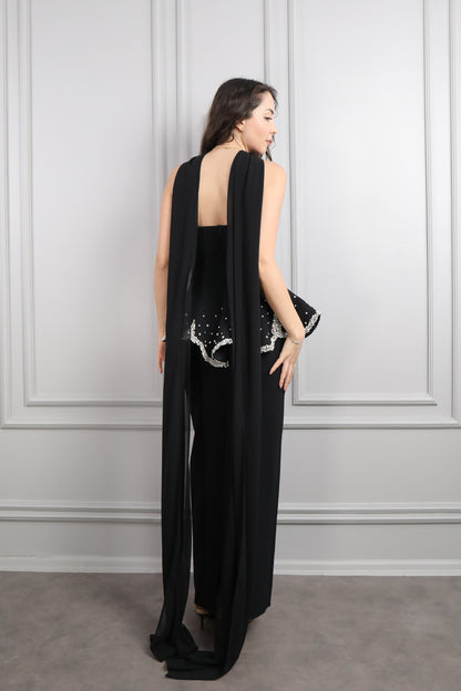 فستان سهرة سترابلس مزين بالكريستالات مع وشاح -اسود