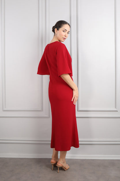 فستان ميدي باكمام واسعة وتطريزات خرزية مقاس كبير -احمر