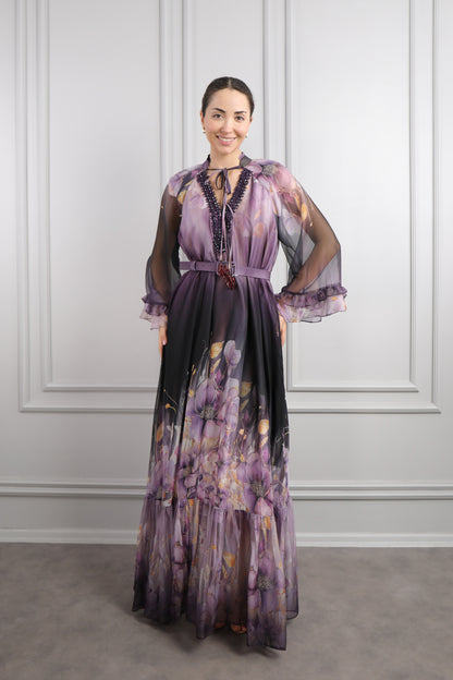 فستان شيفون مزين بنقشات ورود وتطريزات خرزية مقاس كبير -ارجواني