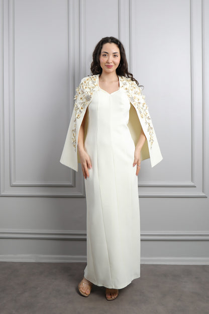 فستان سهرة بتفصيل كايب عالكتف بتطريزات كريستالية مقاس كبير -سكري