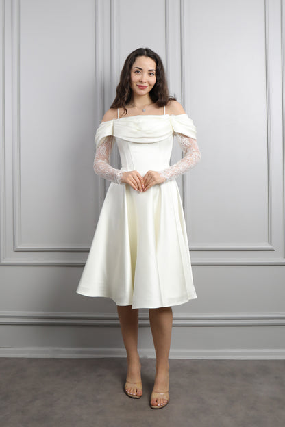 فستان سهرة ميدي ساتان مكشوف الاكتاف باكمام دانتيلية -سكري