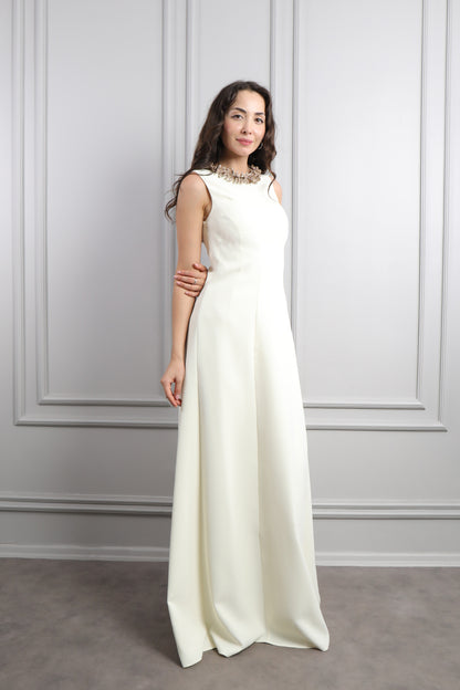 فستان سهرة بدون اكمام بكريستالات عالياقة مقاس كبير -سكري