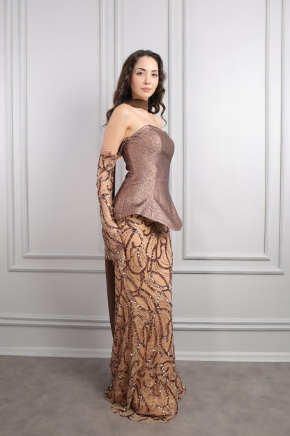 فستان سهرة سترابلس لامع بتطريزات ترتر مع شال شيفون -بني