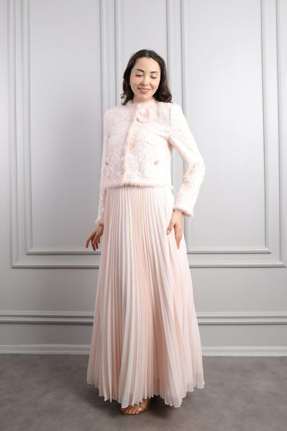 طقم فستان بتكسيرات وجاكيت بتفاصيل لامعة -بمبي