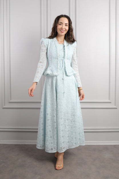 طقم فستان وجاكيت مع اكسسوار شنطة -ازرق