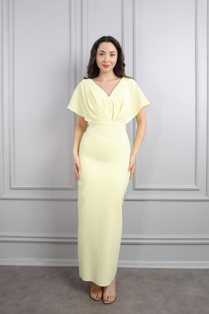 فستان سهرة باكمام واسعة بتفصيل كورسيه مطرز بالفصوص -اصفر