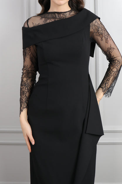 فستان بتصميم ياقة مائلة باكمام شفافة وتفاصيل دانتيل -اسود