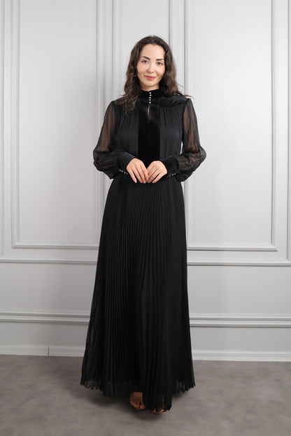 فستان شيفون خناقي بتفاصيل مخملية مقاس كبير -اسود