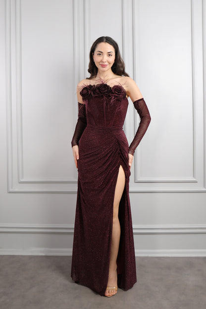 فستان سهرة لامع بتصميم سترابلس مزين بالورود مع اكمام متحركة -عودي