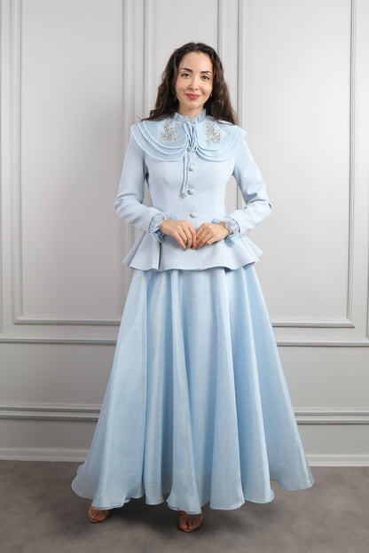 طقم تنورة وجاكيت بياقة اطفال تنربط -ازرق