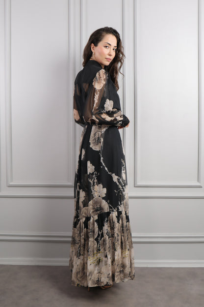 فستان شيفون بزينة ورود مطرز بالخرز عالياقة مقاس كبير -اسود وبيج