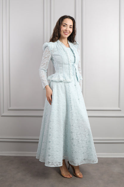 طقم فستان وجاكيت مع اكسسوار شنطة -ازرق