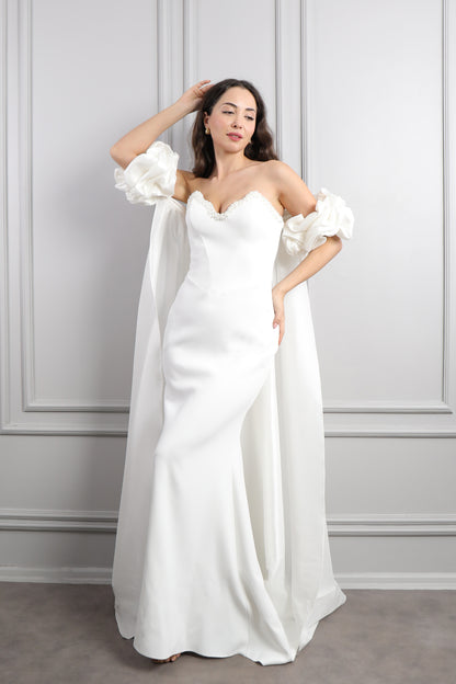 فستانى سهرة سترابلس بتطريزات خرزية وذيل طويل -ابيض