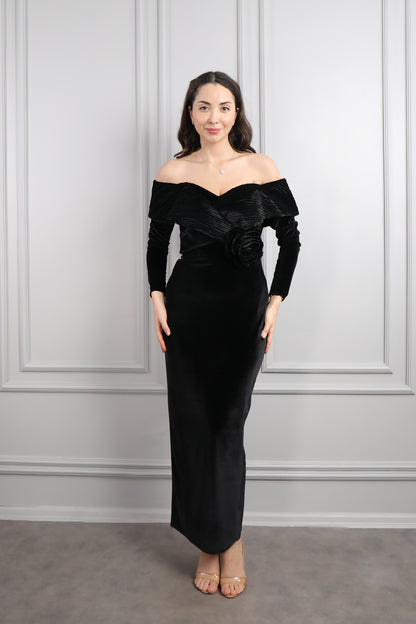 فستان سهرة مخملي مكشوف الاكتاف -اسود