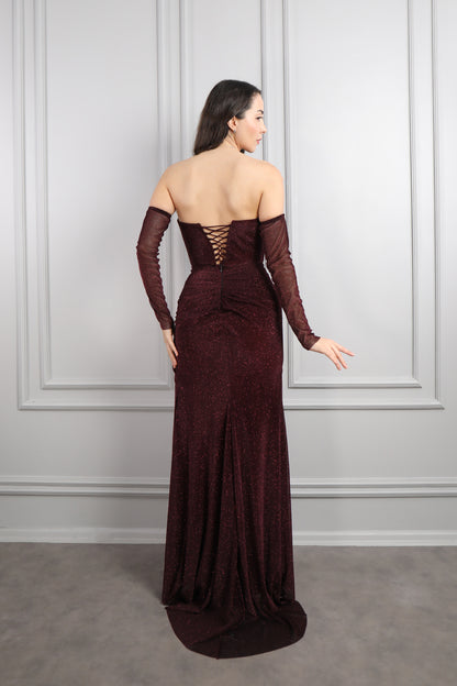 فستان سهرة لامع بتصميم سترابلس مزين بالورود مع اكمام متحركة -عودي