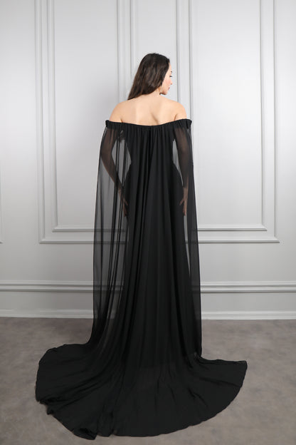 فستان سهرة مزين بتطريزات خرزية وتصميم مكشوف الاكتاف بكايب طويل-اسود