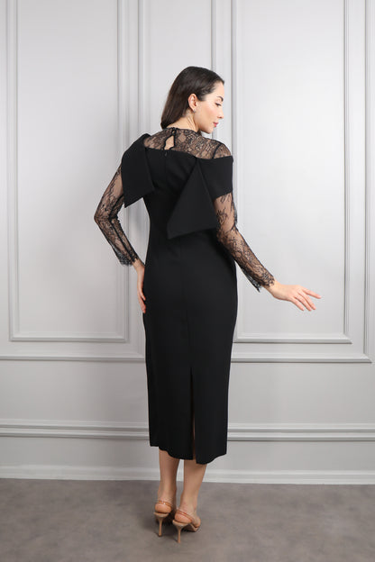 فستان بتصميم ياقة مائلة باكمام شفافة وتفاصيل دانتيل -اسود