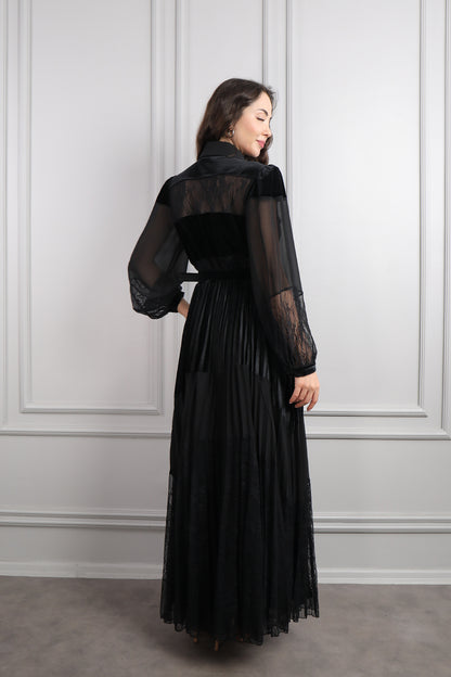 فستان بياقة قميص بتفاصيل مخملية وتطريزات خرزية مقاس كبير -اسود