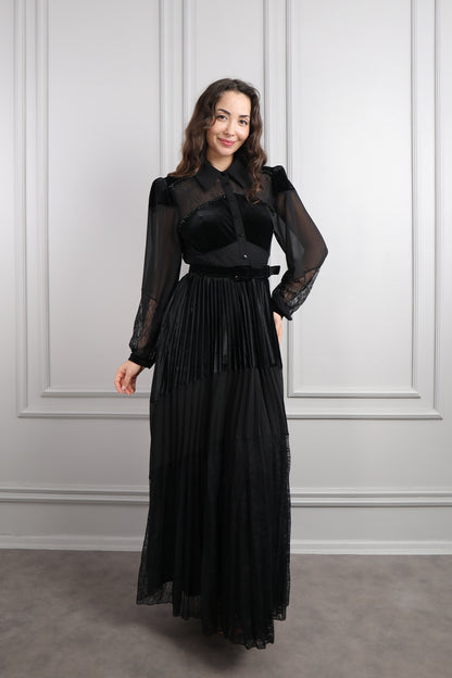 فستان بياقة قميص بتفاصيل مخملية وتطريزات خرزية مقاس كبير -اسود