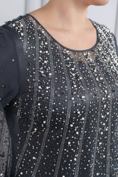 فستان سهرة بياقة دائرية مزود بطبقة شفافة مزخرفة بالاحجار مقاس كبير -رمادي