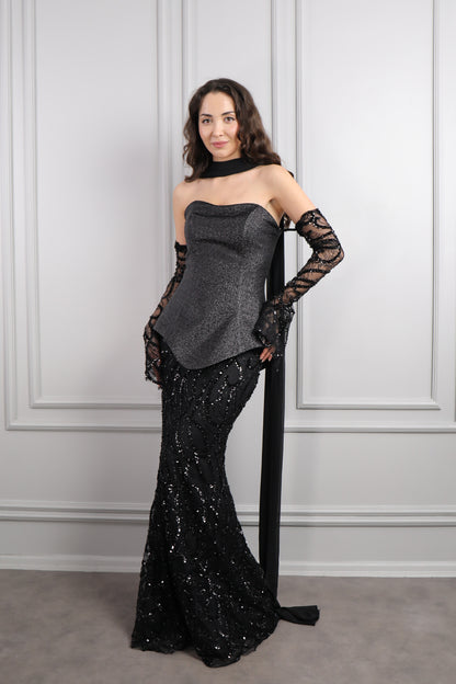 فستان سهرة سترابلس لامع بتطريزات ترتر مع شال شيفون -اسود