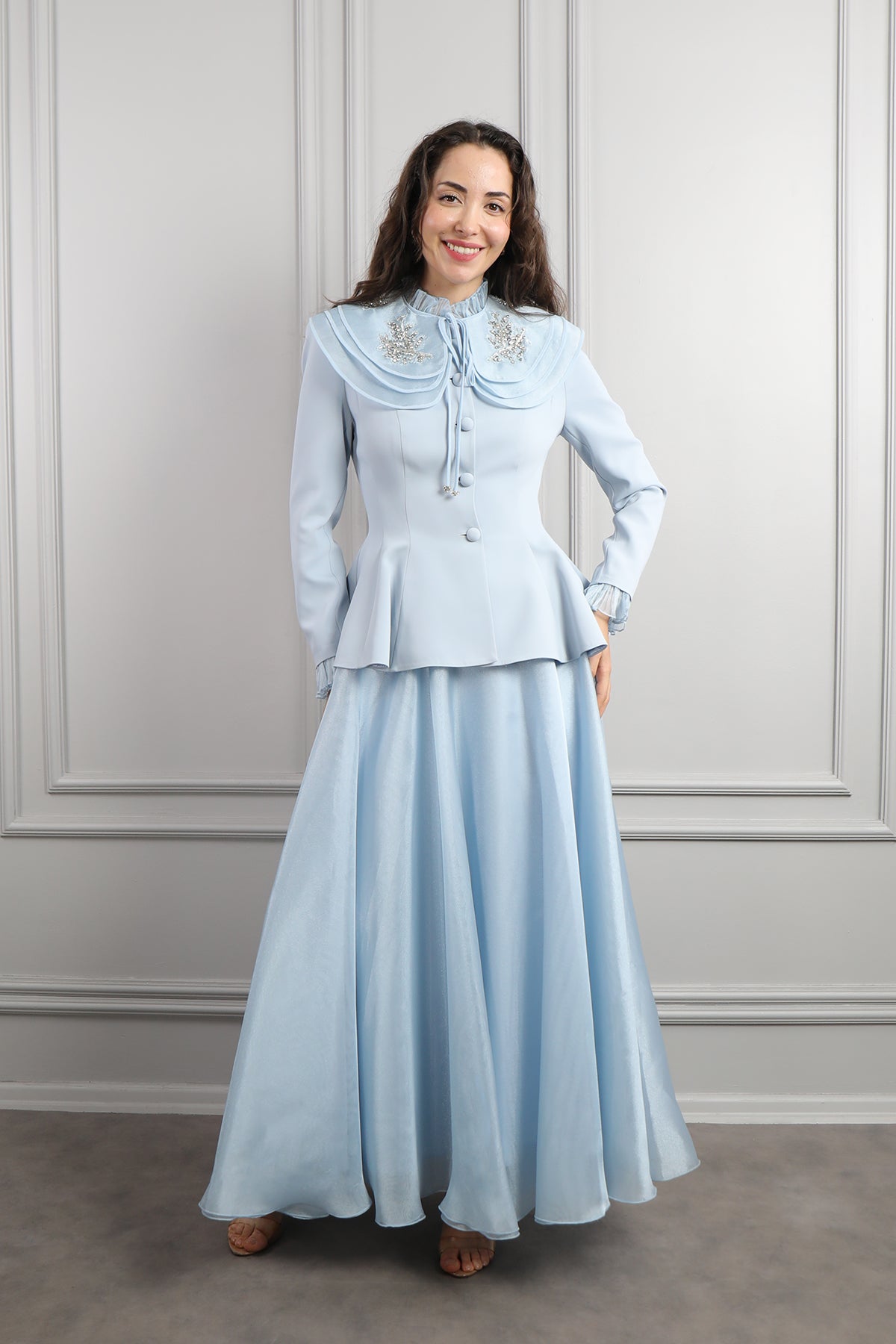 طقم تنورة وجاكيت بياقة اطفال تنربط -ازرق