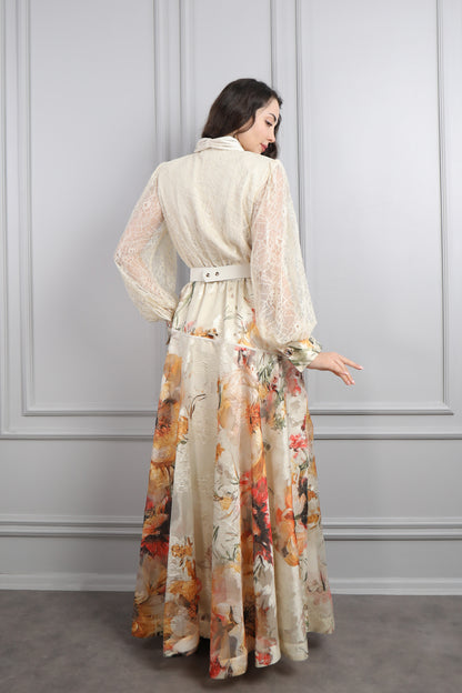 فستان باكمام دانتيل شفافة وتفاصيل لامعة بنقشات زهور مع حزام عالخصر -بيج