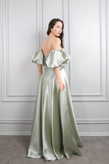 فستان سهرة ساتان سترابلس باكمام بالون وتطريزات كريستالية -اخضر