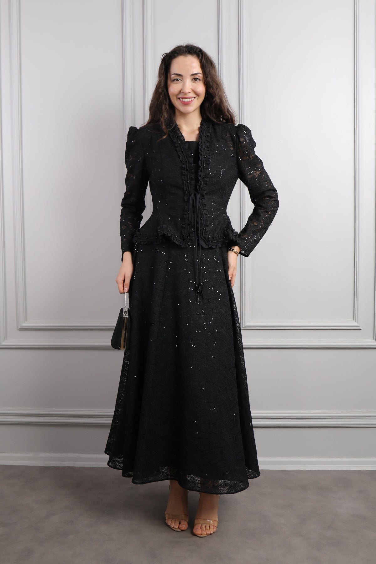 طقم فستان وجاكيت مع اكسسوار شنطة -اسود