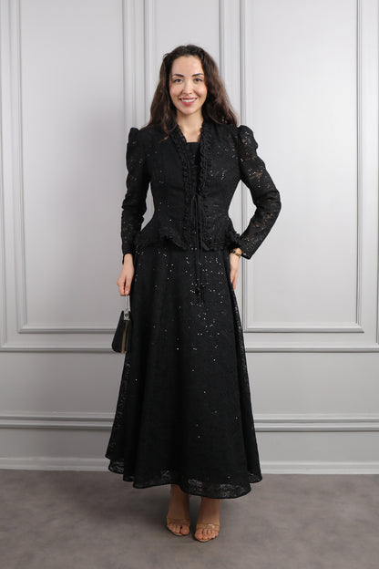 طقم فستان وجاكيت مع اكسسوار شنطة -اسود