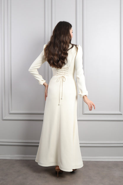 فستان بزينة فيونكة وتطريزات خرزية -سكري