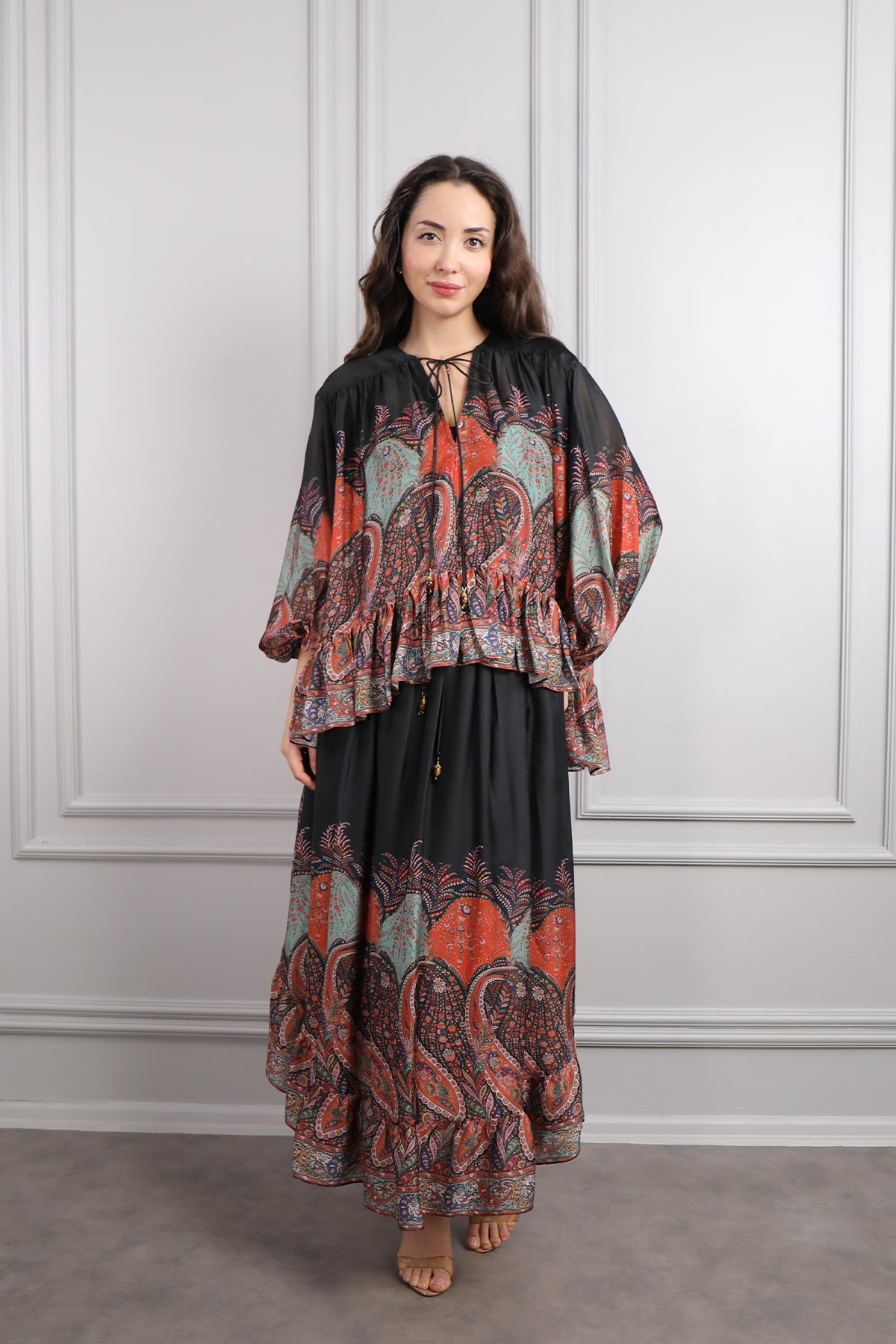 طقم تنورة وبلوزة شيفون مزين بالنقشات -برتقالي