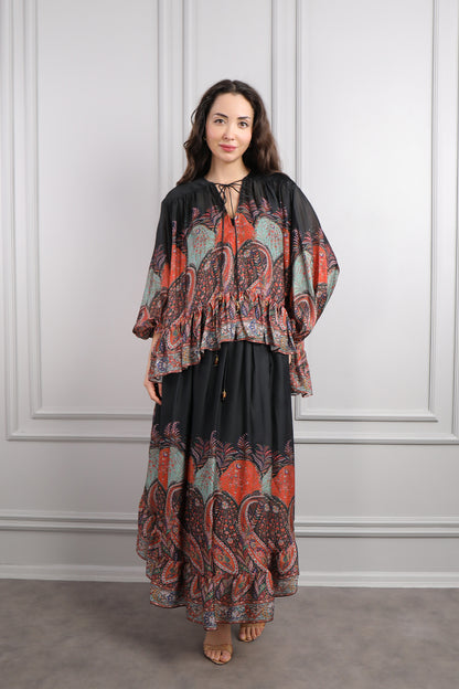 طقم تنورة وبلوزة شيفون مزين بالنقشات -برتقالي