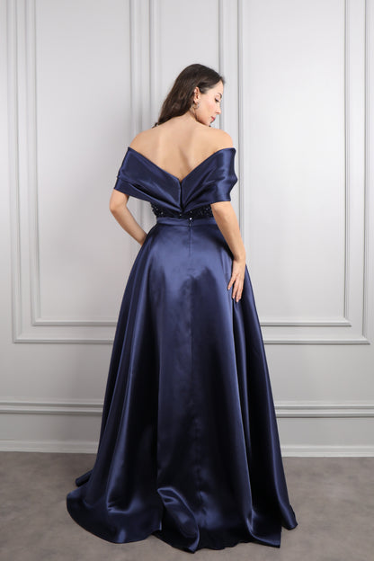 فستان سهرة مكشوف الاكتاف مطرز بالخرز مع ذيل طويل مقاس كبير -كحلي