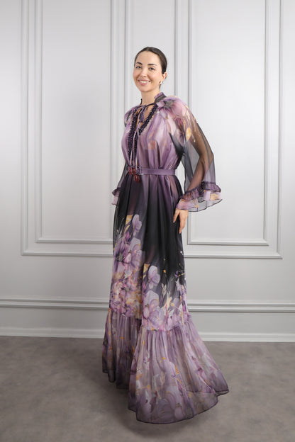 فستان شيفون مزين بنقشات ورود وتطريزات خرزية مقاس كبير -ارجواني