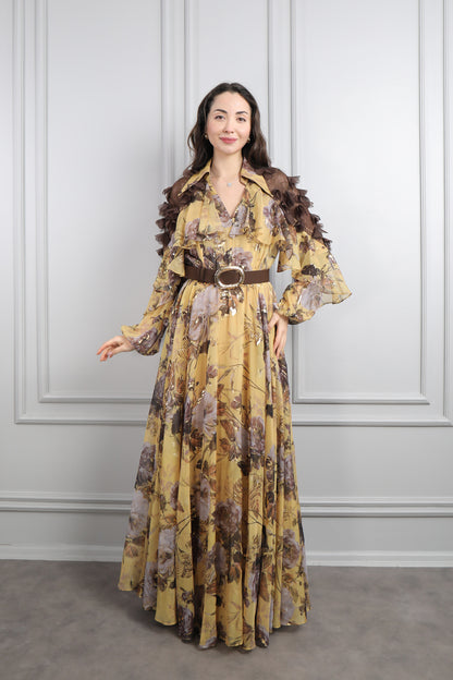 فستان شيفون بتفاصيل كشكشة ونقشات ورود مقاس كبير -اصفر