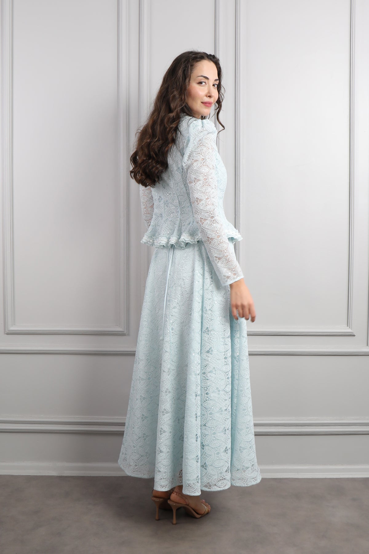 طقم فستان وجاكيت مع اكسسوار شنطة -ازرق